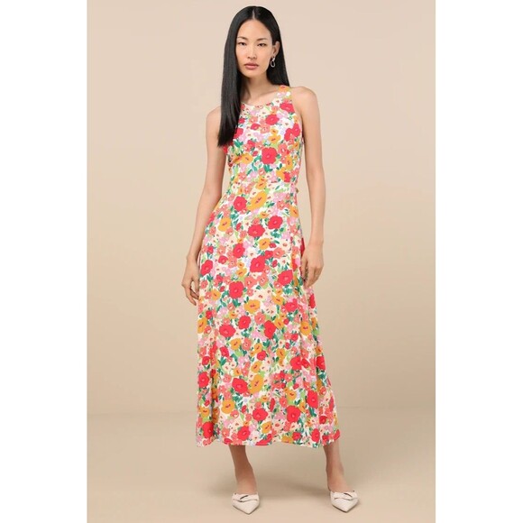 Lulus Dresses & Skirts - NEW Lulu's Floral Print Tie-Back Midi Dress M Colorful Sleeveless Wedding NWT